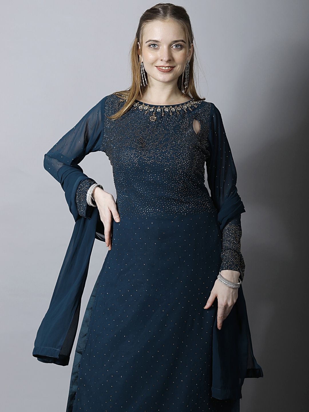 Navy Blue Stylized Embellished Kurta, Flared Palazzo & Dupatta Set