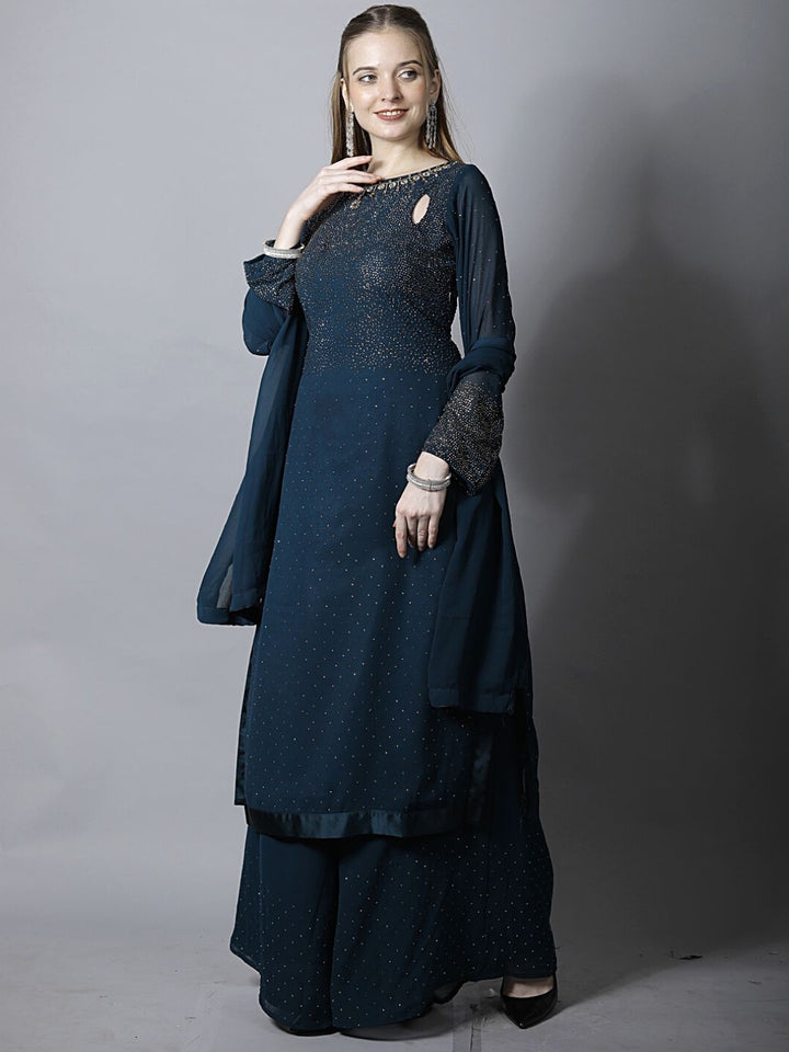 Navy Blue Stylized Embellished Kurta, Flared Palazzo & Dupatta Set