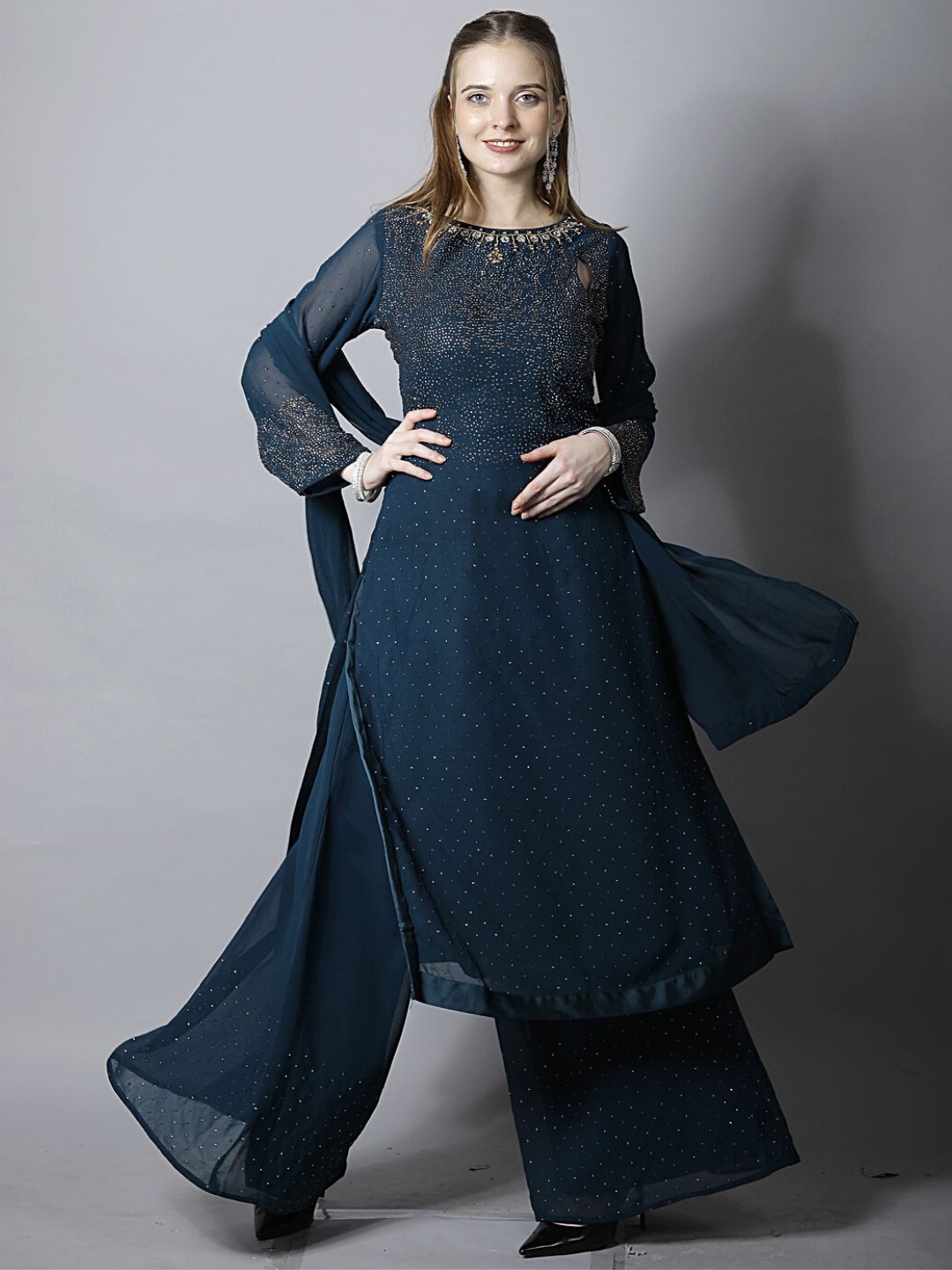 Navy Blue Stylized Embellished Kurta, Flared Palazzo & Dupatta Set
