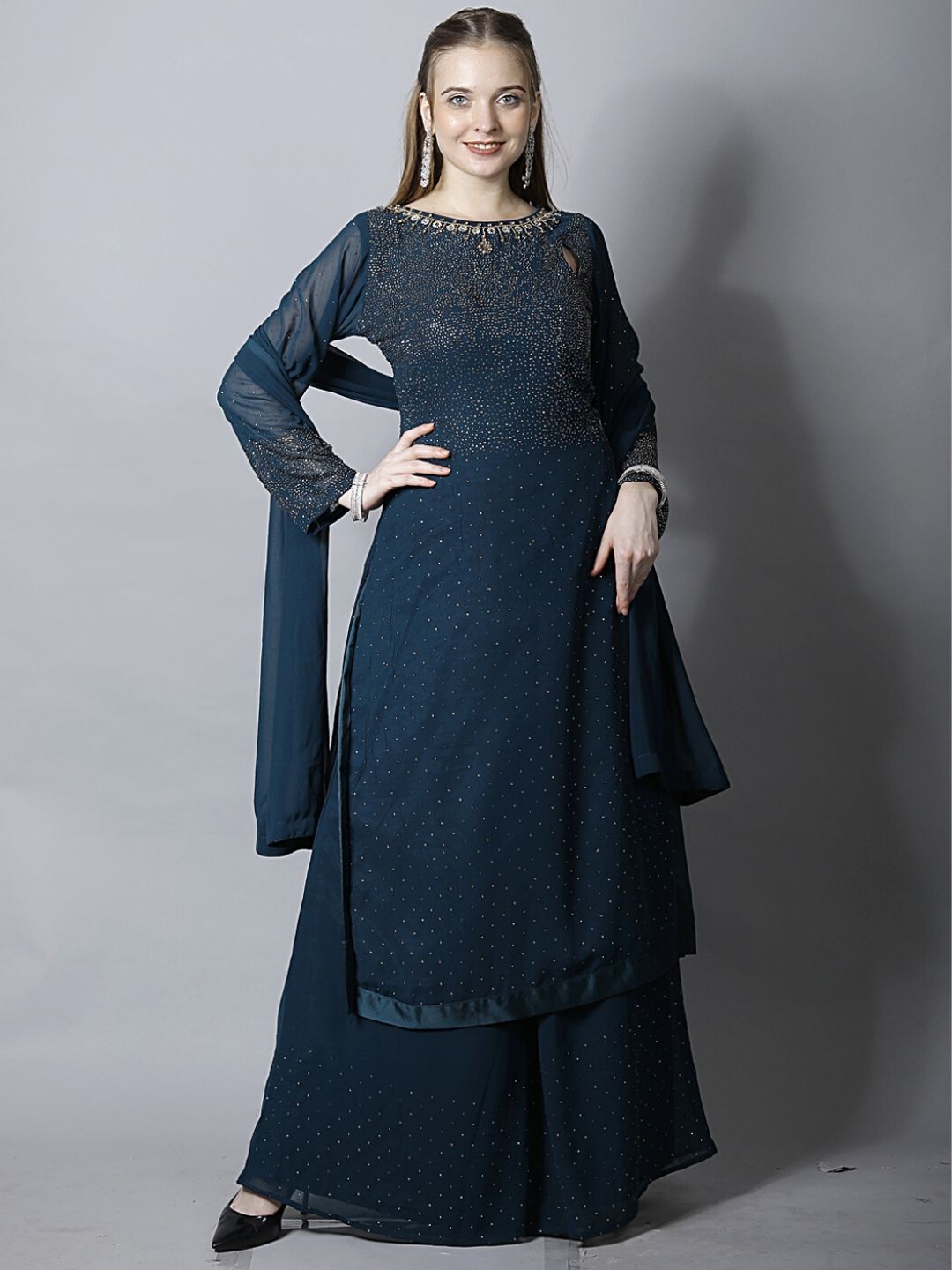Navy Blue Stylized Embellished Kurta, Flared Palazzo & Dupatta Set