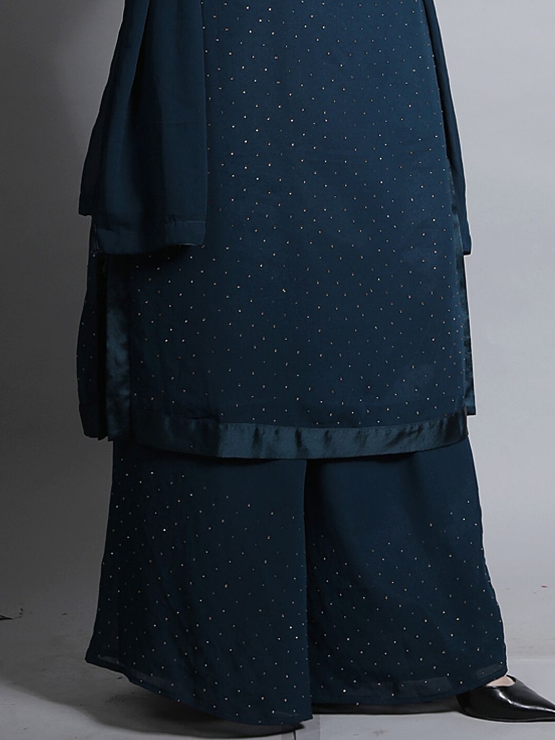 Navy Blue Stylized Embellished Kurta, Flared Palazzo & Dupatta Set
