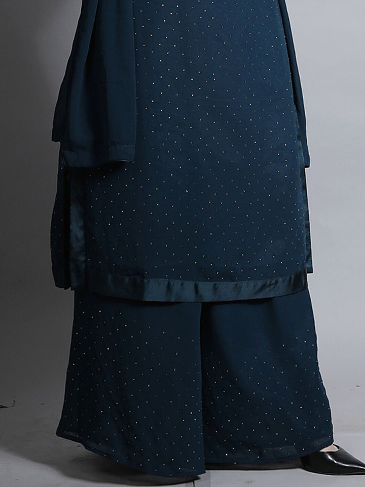 Navy Blue Stylized Embellished Kurta, Flared Palazzo & Dupatta Set