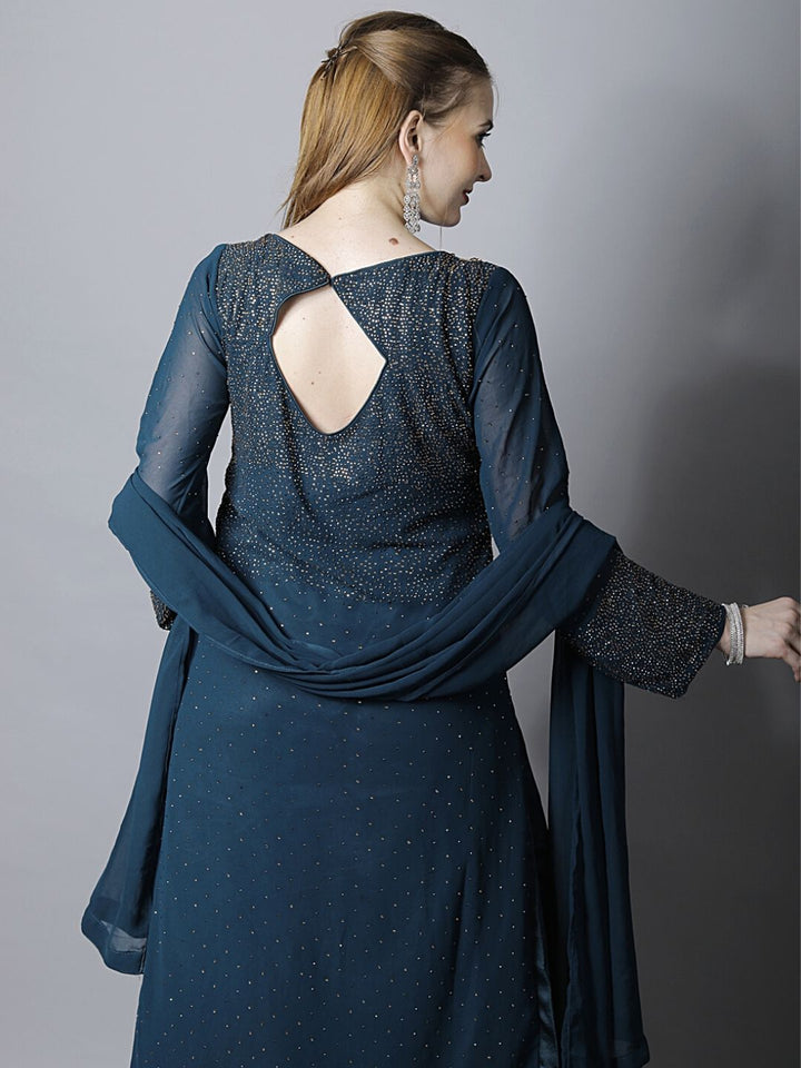 Navy Blue Stylized Embellished Kurta, Flared Palazzo & Dupatta Set