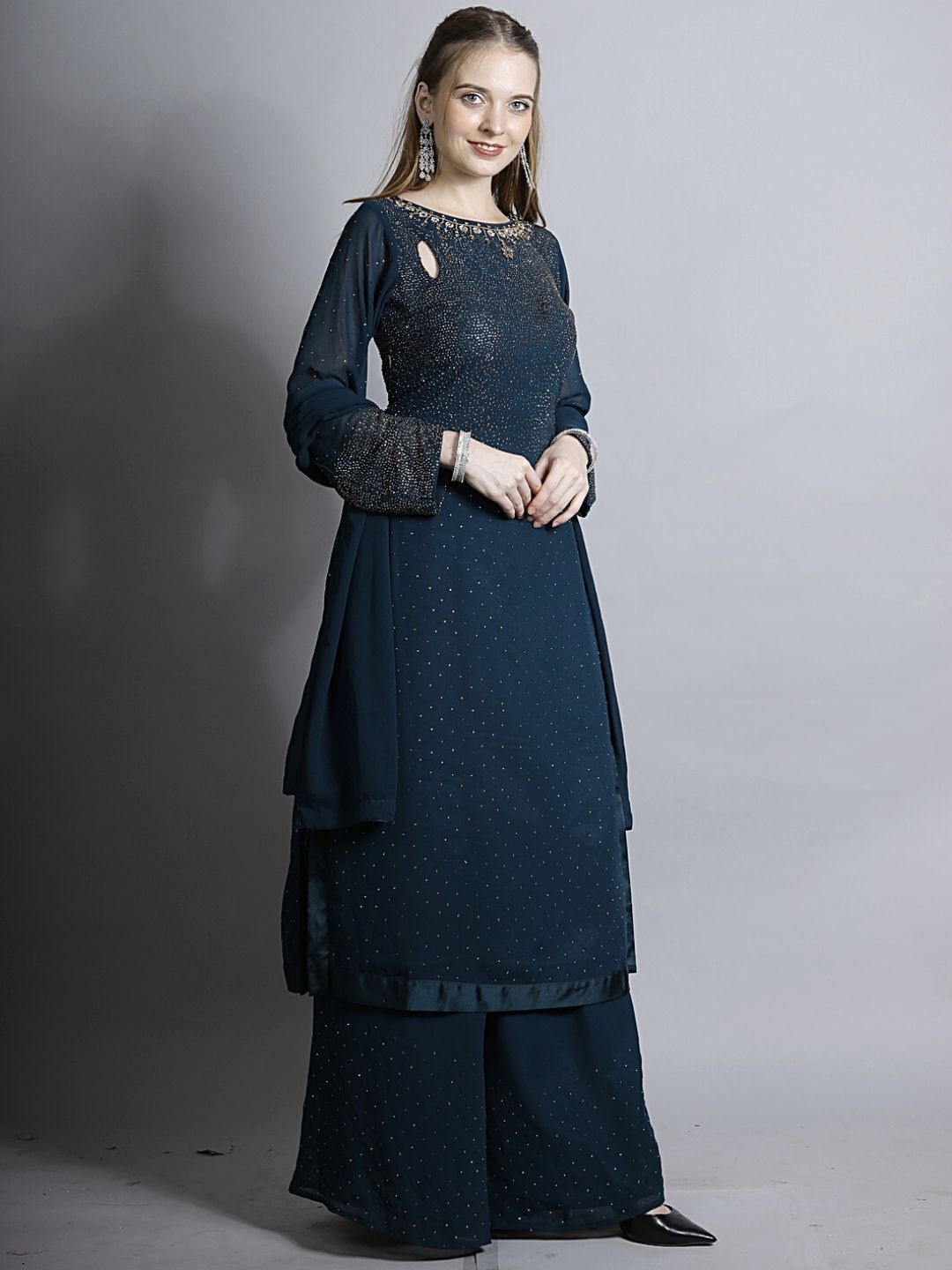 Navy Blue Stylized Embellished Kurta, Flared Palazzo & Dupatta Set