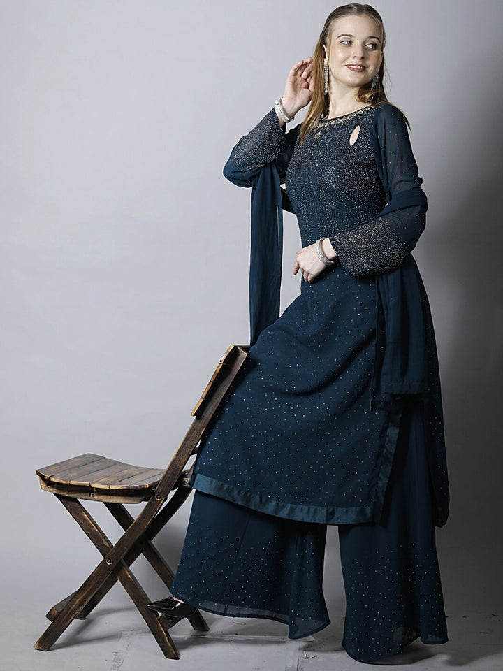 Navy Blue Stylized Embellished Kurta, Flared Palazzo & Dupatta Set
