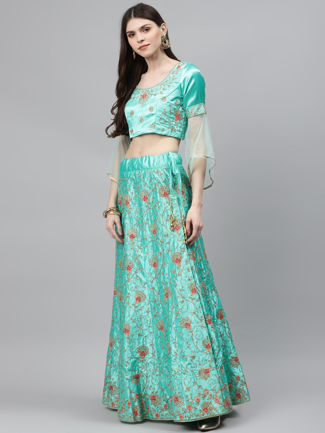 Pastel Semi-Stitched Lehenga Set with Zari & Resham Meenakari  Floral Embroidery