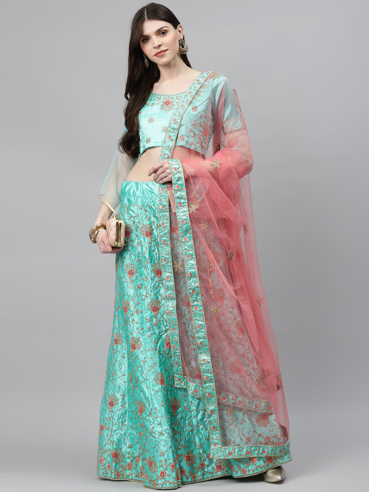 Pastel Semi-Stitched Lehenga Set with Zari & Resham Meenakari  Floral Embroidery