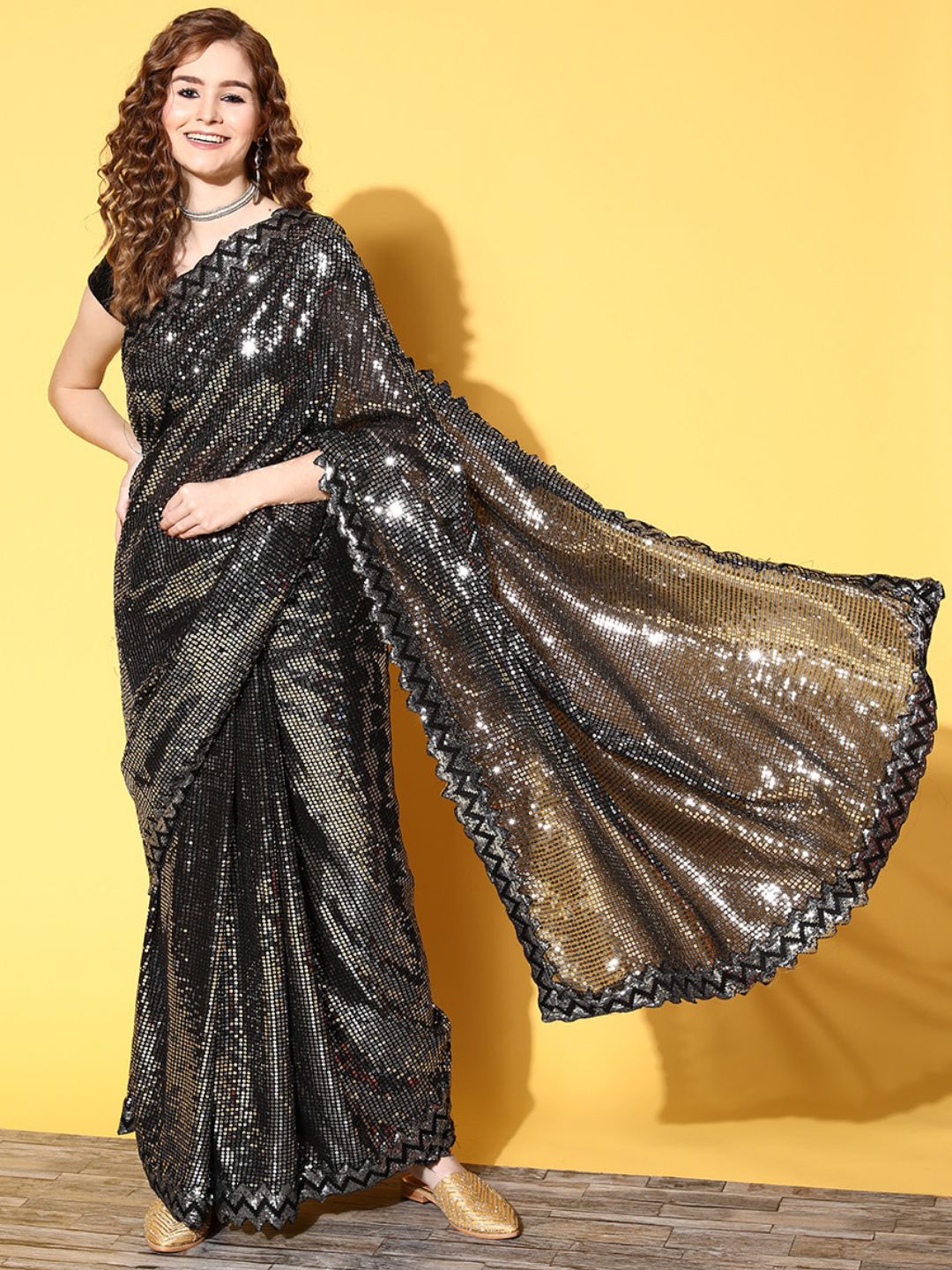 Metallic Shimmering Sequin Embellished Saree with Cut-work border