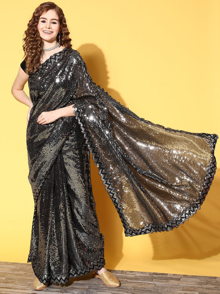 Metallic Shimmering Sequin Embellished Saree with Cut-work border