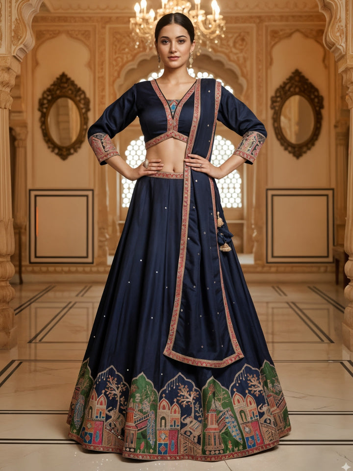 Resham Embroidered Kalidar Lehenga Choli Set with Animal & Peacock motifs