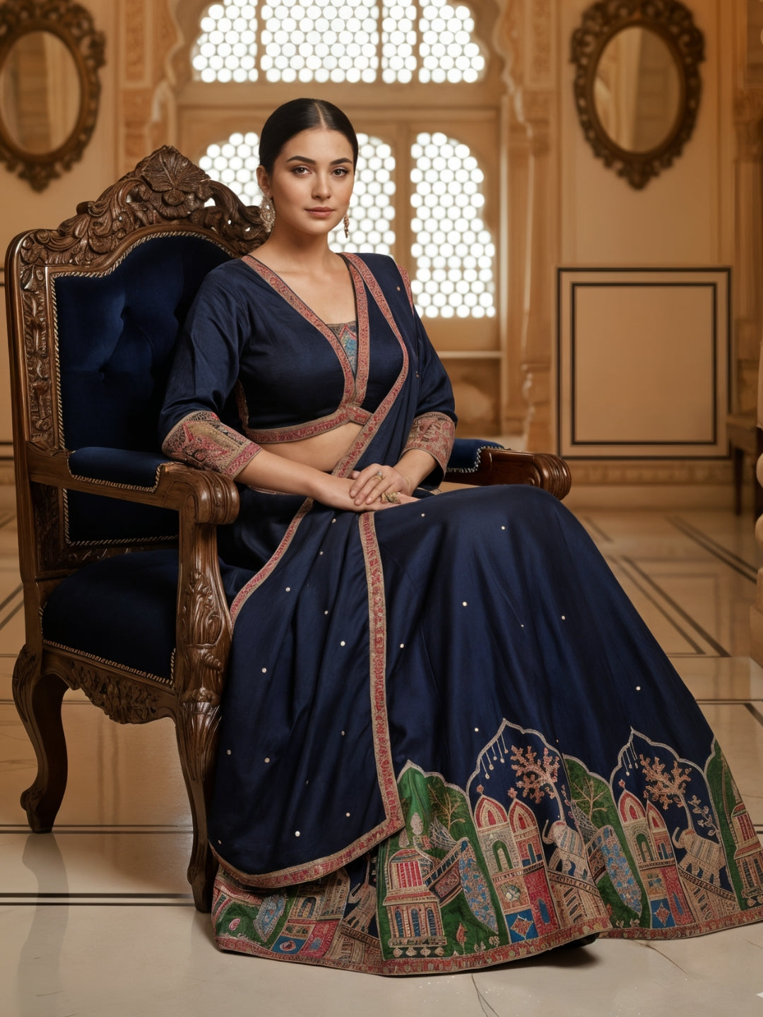 Resham Embroidered Kalidar Lehenga Choli Set with Animal & Peacock motifs