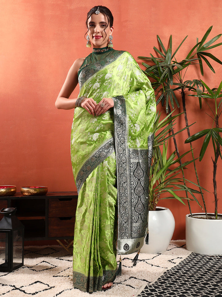 Banarasi Intricate Floral Motifs Zari Woven Contemporary Handloom Satin Silk Saree