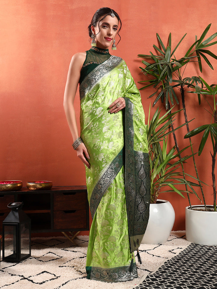 Banarasi Intricate Floral Motifs Zari Woven Contemporary Handloom Satin Silk Saree