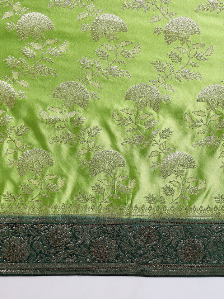 Banarasi Intricate Floral Motifs Zari Woven Contemporary Handloom Satin Silk Saree