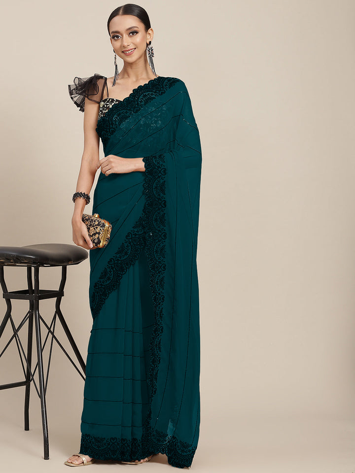 Bright Teal Blue Georgette Saree With Scalloped Border