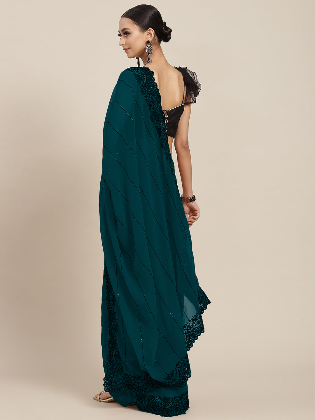 Bright Teal Blue Georgette Saree With Scalloped Border