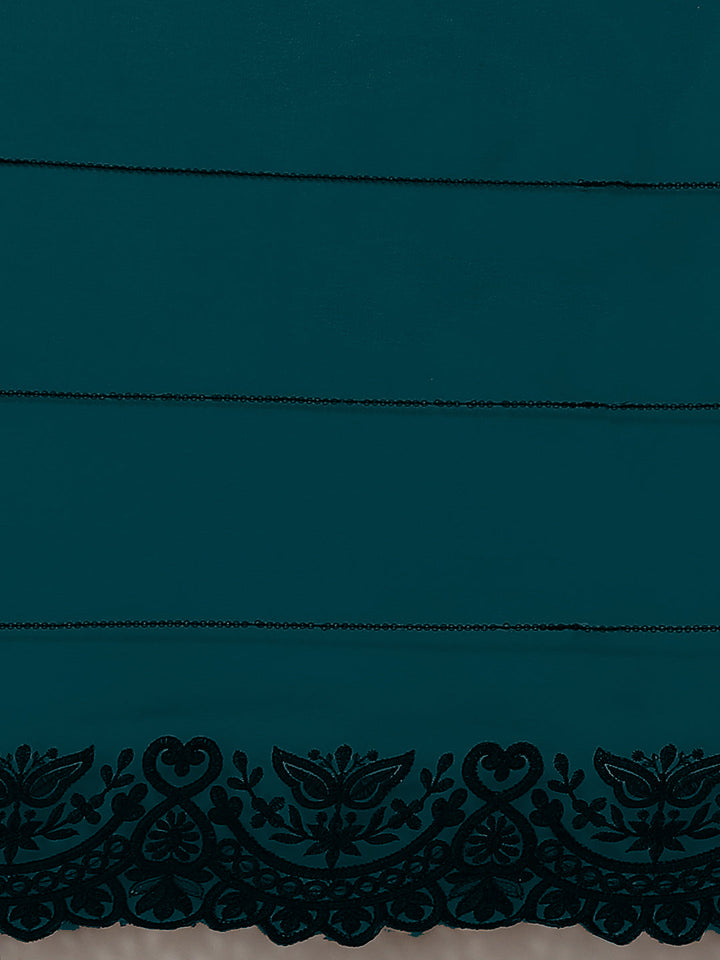 Bright Teal Blue Georgette Saree With Scalloped Border