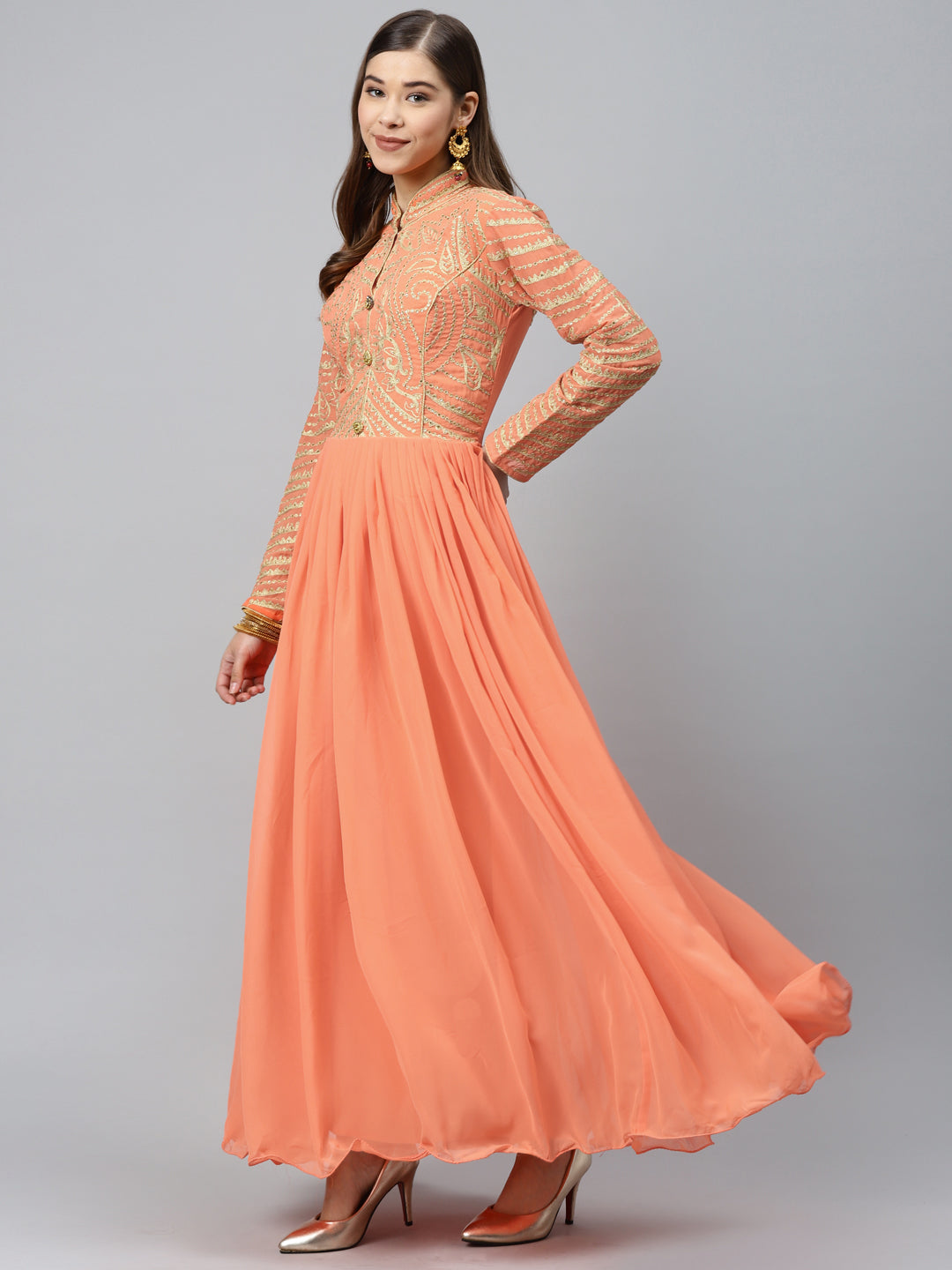 Made to Measure Pastel Peach Flared Embellished Gown with Gold Thread Embroidery on Yoke