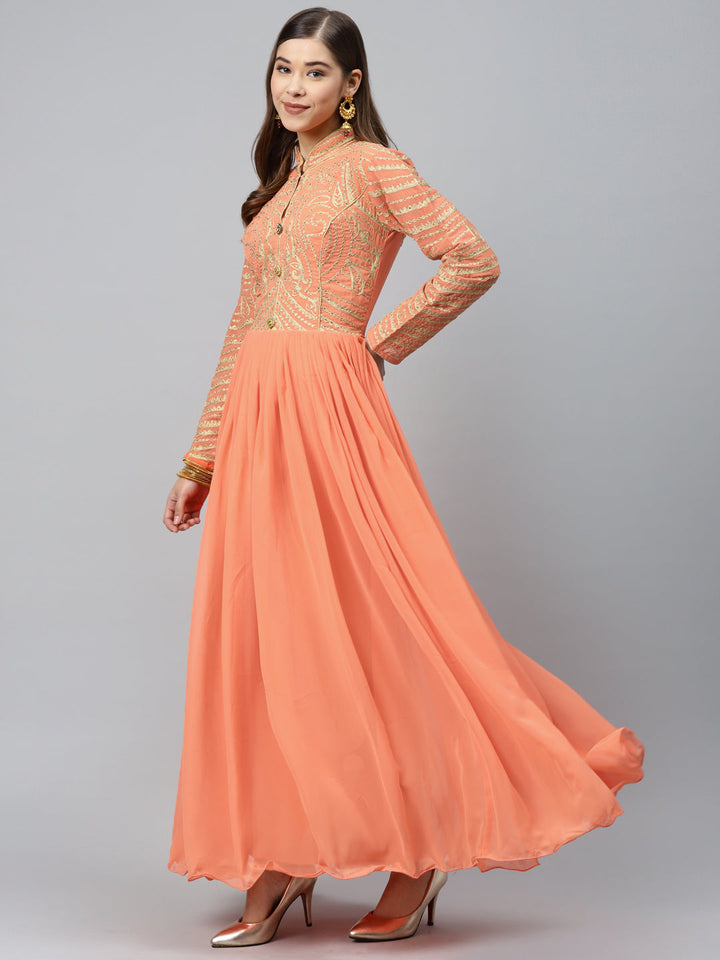Made to Measure Pastel Peach Flared Embellished Gown with Gold Thread Embroidery on Yoke