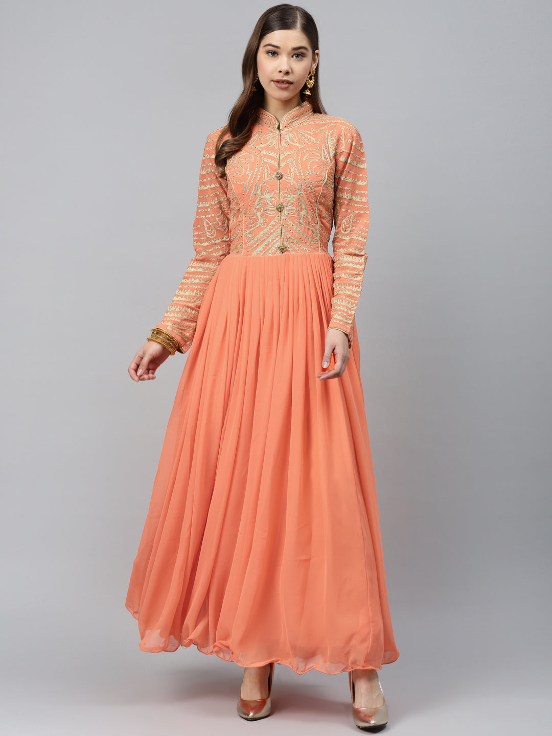 Made to Measure Pastel Peach Flared Embellished Gown with Gold Thread Embroidery on Yoke