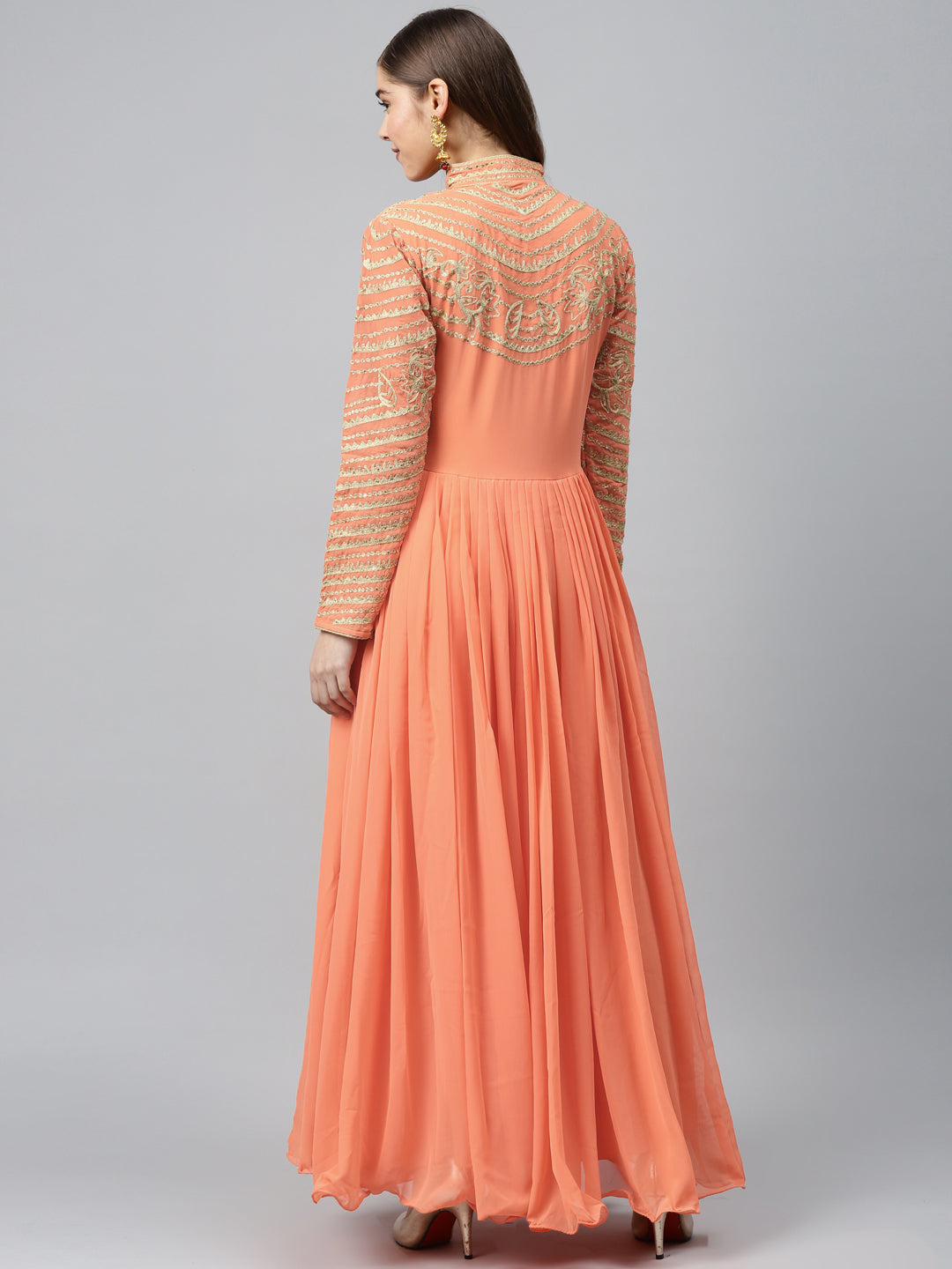 Made to Measure Pastel Peach Flared Embellished Gown with Gold Thread Embroidery on Yoke