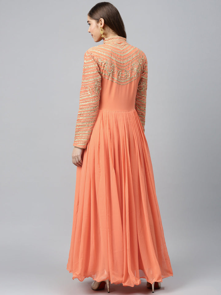 Made to Measure Pastel Peach Flared Embellished Gown with Gold Thread Embroidery on Yoke