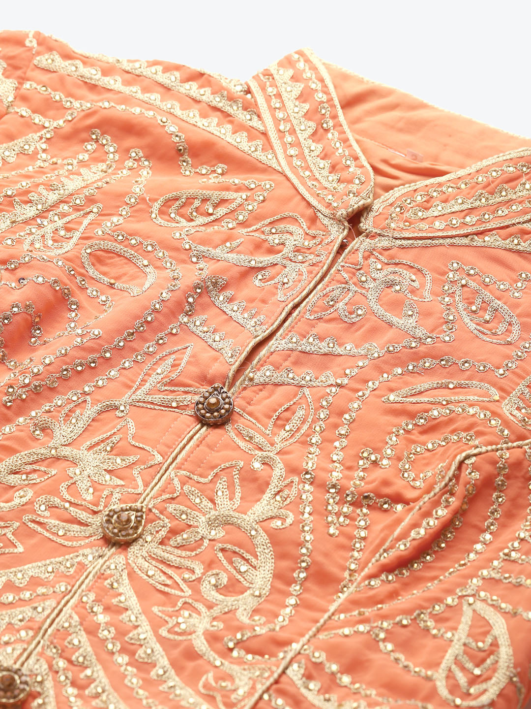 Made to Measure Pastel Peach Flared Embellished Gown with Gold Thread Embroidery on Yoke