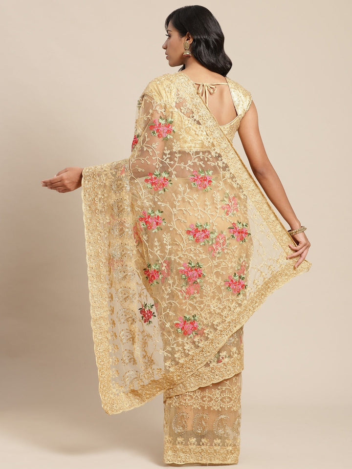 Resham Embroidered Saree with Scalloped border, Zari paisleys and crystal Embellishments