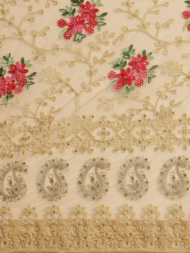 Resham Embroidered Saree with Scalloped border, Zari paisleys and crystal Embellishments