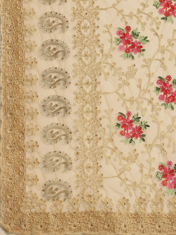Resham Embroidered Saree with Scalloped border, Zari paisleys and crystal Embellishments