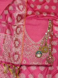 Chhabra 555 Banarasi Handloom Dress Material with Zari Weaving, Stylized Neckline & Jhallar Dupatta