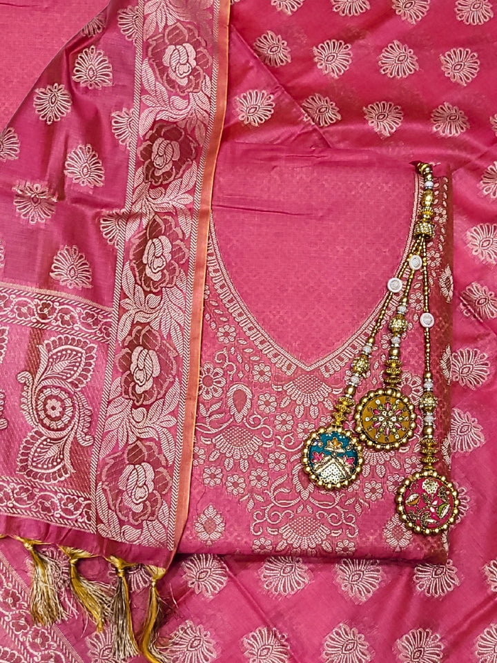 Chhabra 555 Banarasi Handloom Dress Material with Zari Weaving, Stylized Neckline & Jhallar Dupatta