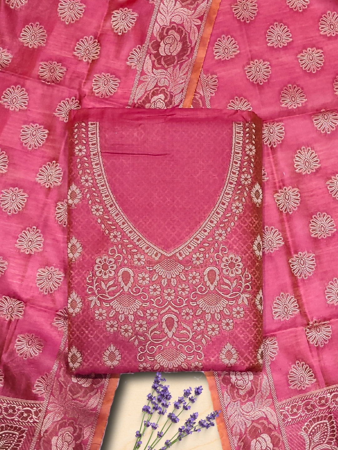Banarasi Handloom Dress Material with Zari Weaving, Stylized Neckline & Jhallar Dupatta