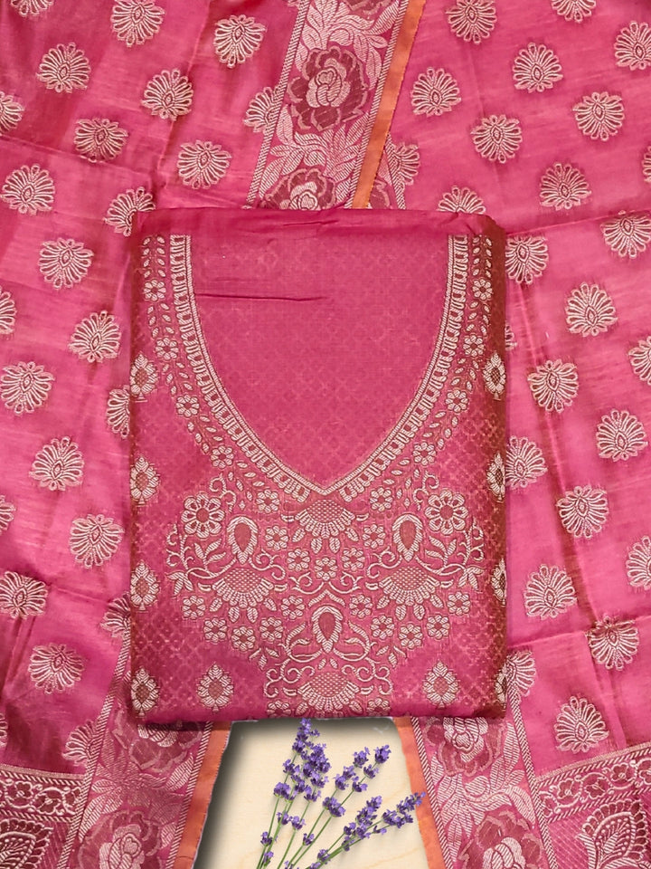 Banarasi Handloom Dress Material with Zari Weaving, Stylized Neckline & Jhallar Dupatta