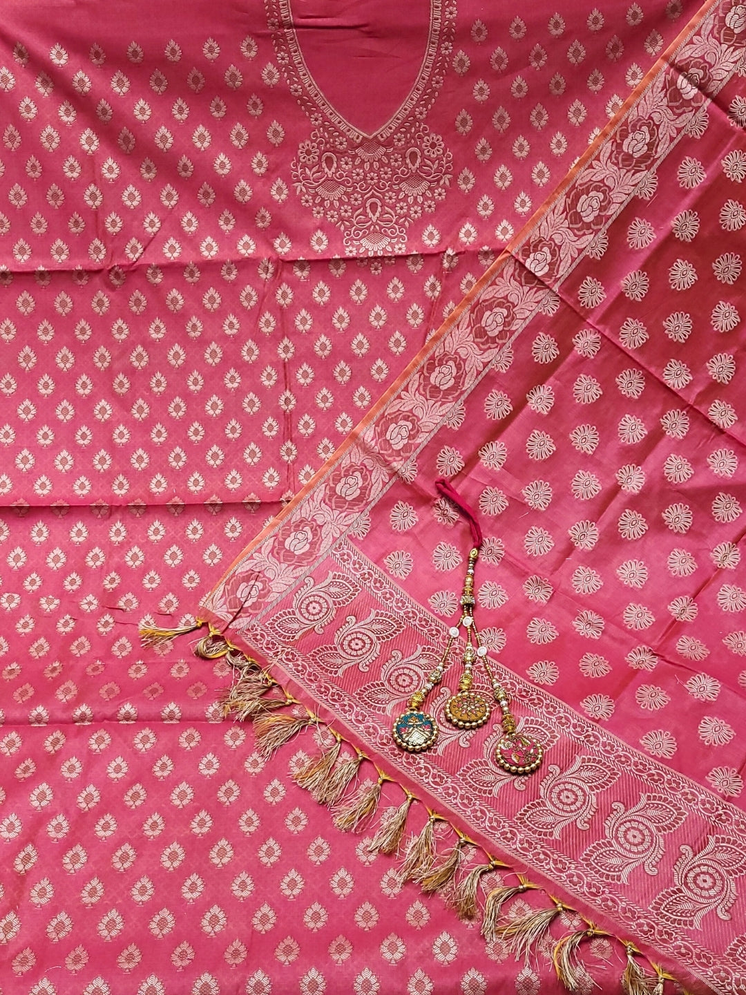 Banarasi Handloom Dress Material with Zari Weaving, Stylized Neckline & Jhallar Dupatta