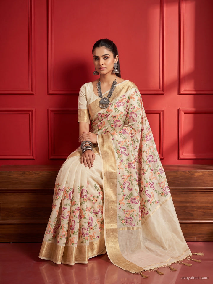 Off White Kani Print Silk Saree with Zari Border and Multicolor Paisley Embroidery