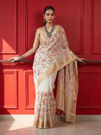 Off White Kani Print Silk Saree with Zari Border and Multicolor Paisley Embroidery