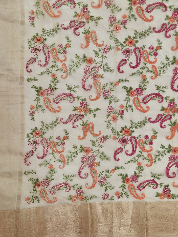 Off White Kani Print Silk Saree with Zari Border and Multicolor Paisley Embroidery