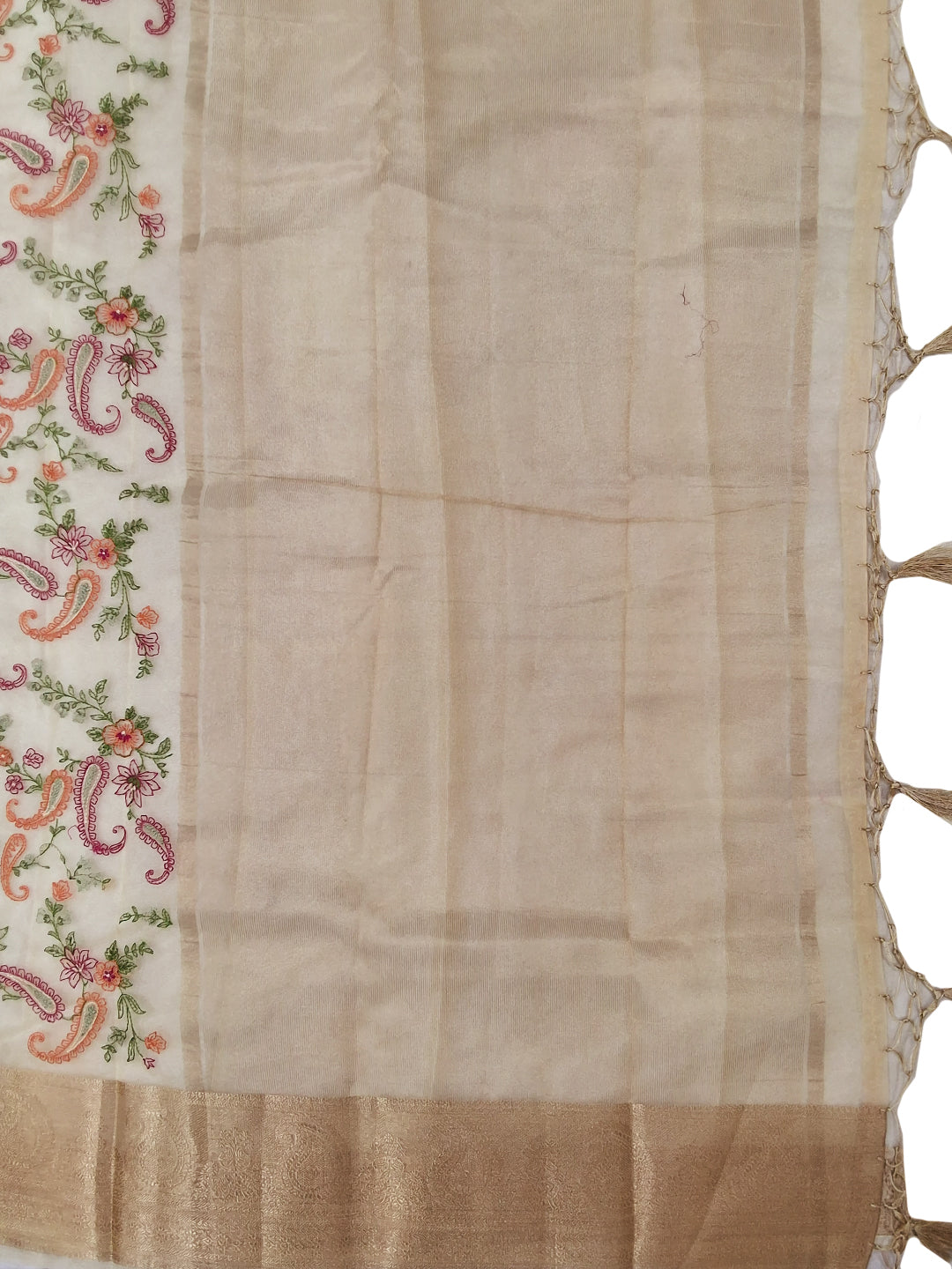 Off White Kani Print Silk Saree with Zari Border and Multicolor Paisley Embroidery