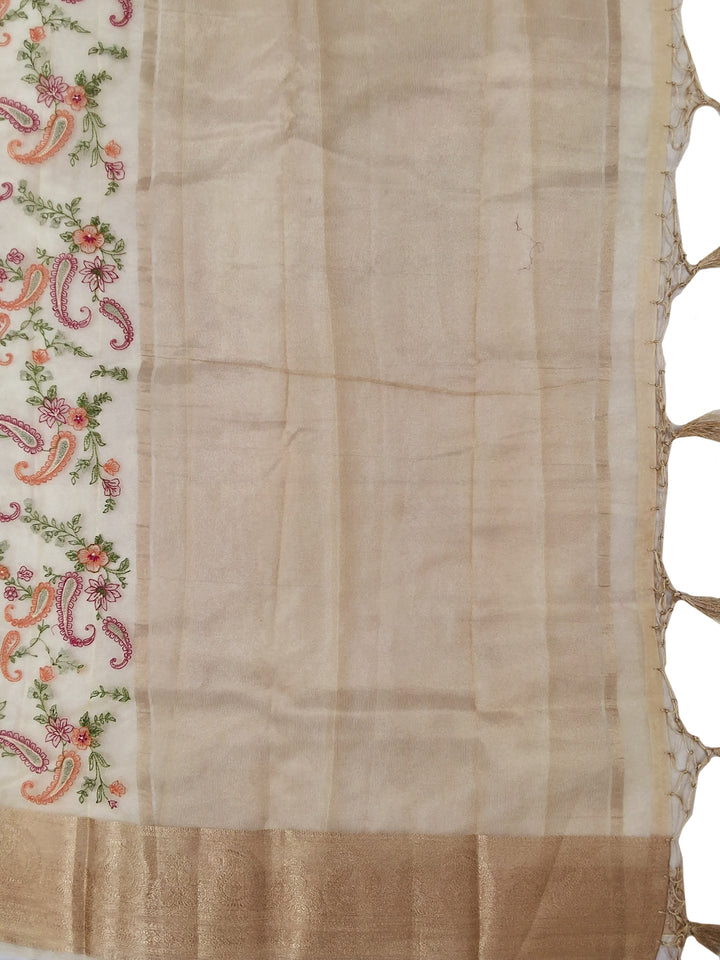 Off White Kani Print Silk Saree with Zari Border and Multicolor Paisley Embroidery