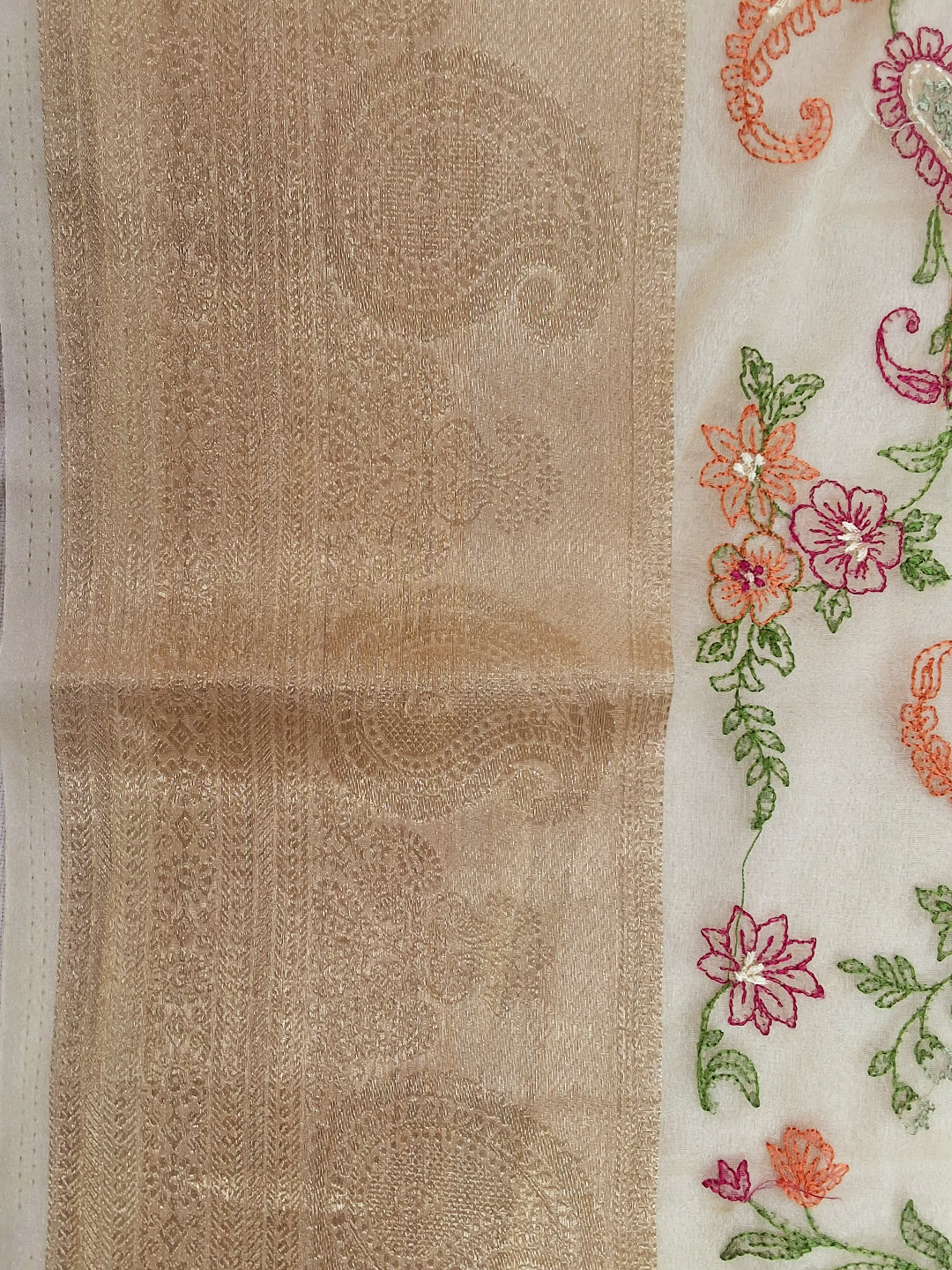 Off White Kani Print Silk Saree with Zari Border and Multicolor Paisley Embroidery