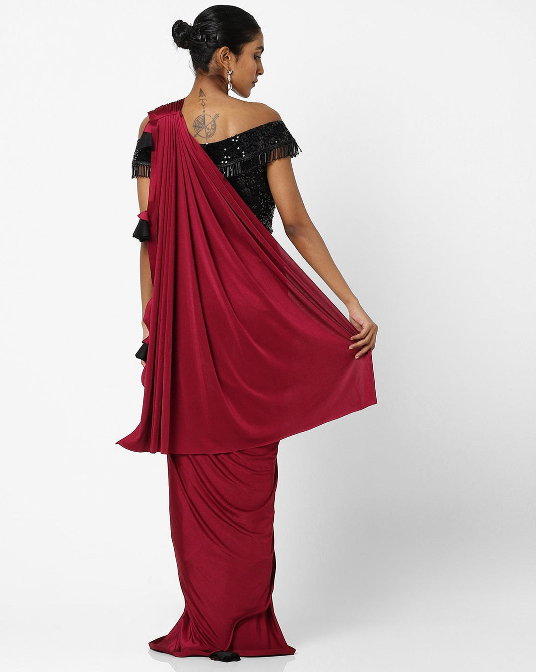 Made to Measure Maroon Ruffled Saree &  Black Sequence Off-Shoulder Embellished Blouse