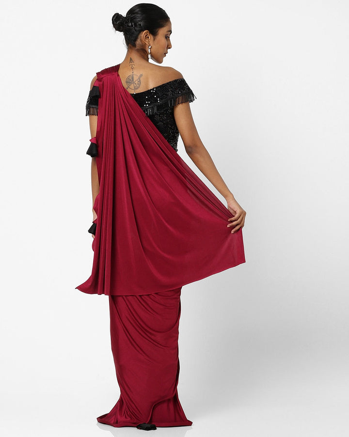 Made to Measure Maroon Ruffled Saree &  Black Sequence Off-Shoulder Embellished Blouse