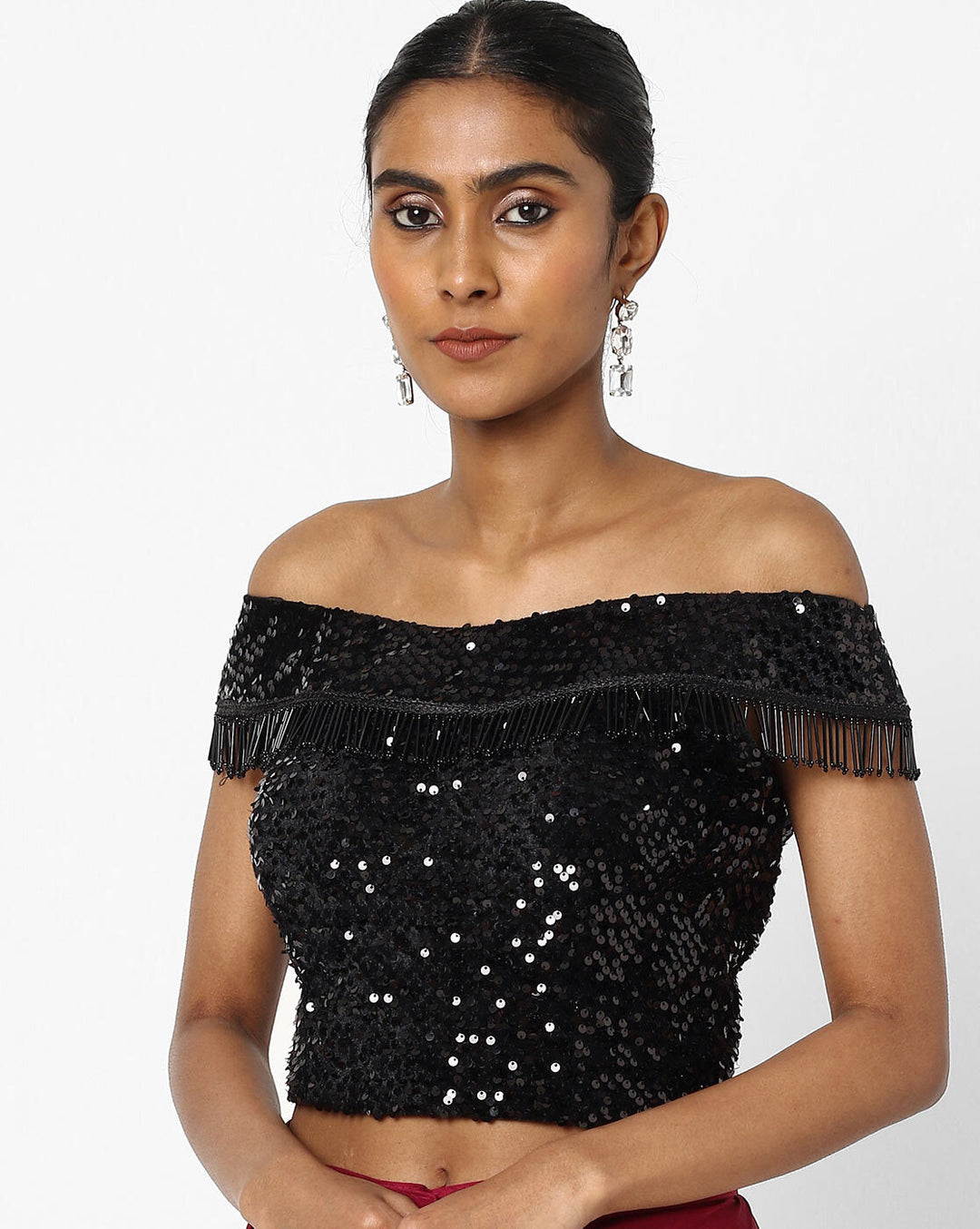 Made to Measure Maroon Ruffled Saree &  Black Sequence Off-Shoulder Embellished Blouse