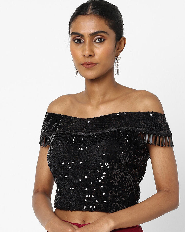 Made to Measure Maroon Ruffled Saree &  Black Sequence Off-Shoulder Embellished Blouse
