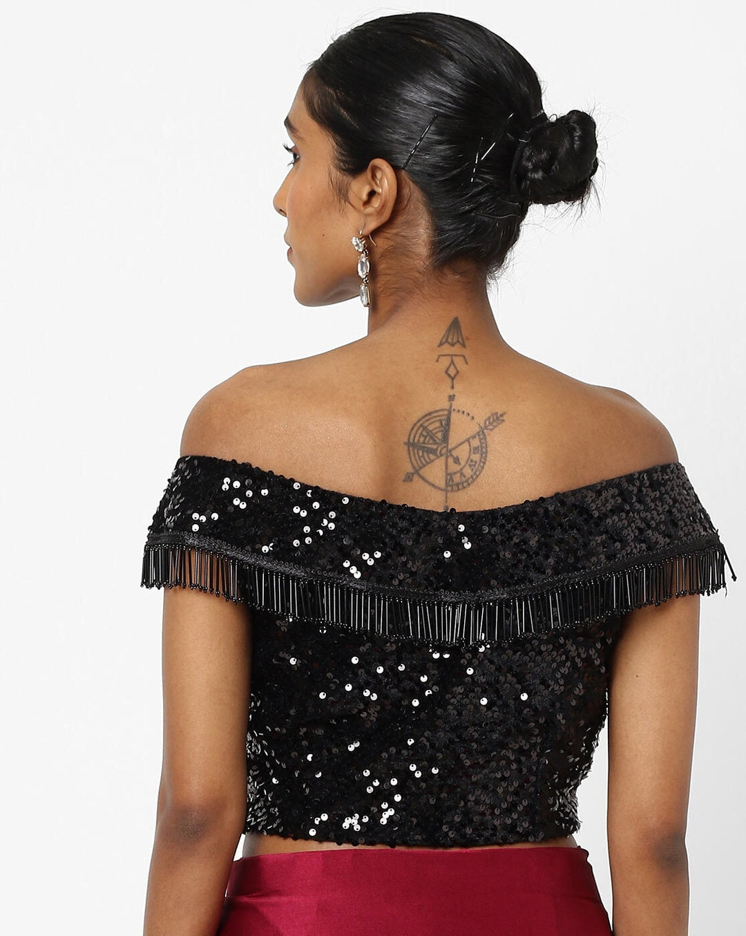 Made to Measure Maroon Ruffled Saree &  Black Sequence Off-Shoulder Embellished Blouse