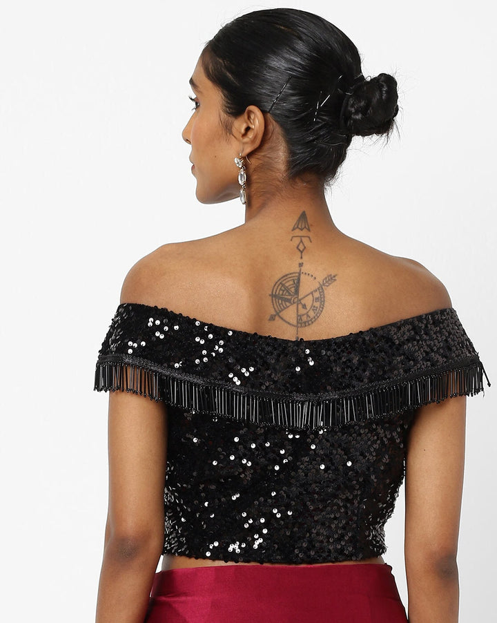 Made to Measure Maroon Ruffled Saree &  Black Sequence Off-Shoulder Embellished Blouse