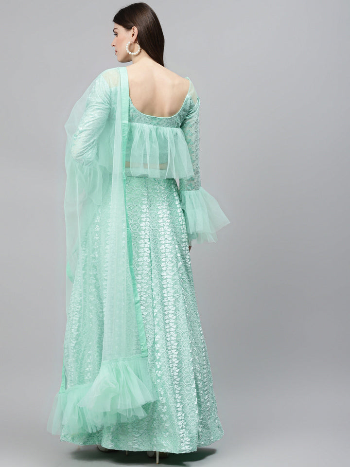 Pastel Brasso Embellished Lehenga Set with Peplum Style Ruffled blouse & Frilled dupatta