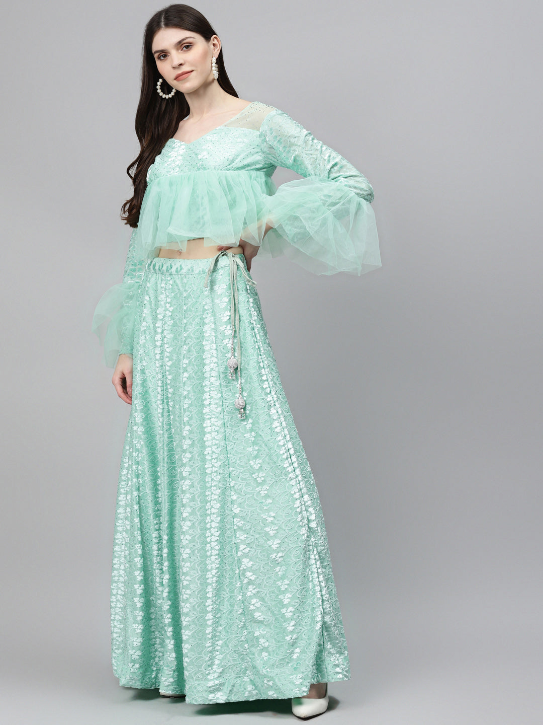 Pastel Brasso Embellished Lehenga Set with Peplum Style Ruffled blouse & Frilled dupatta