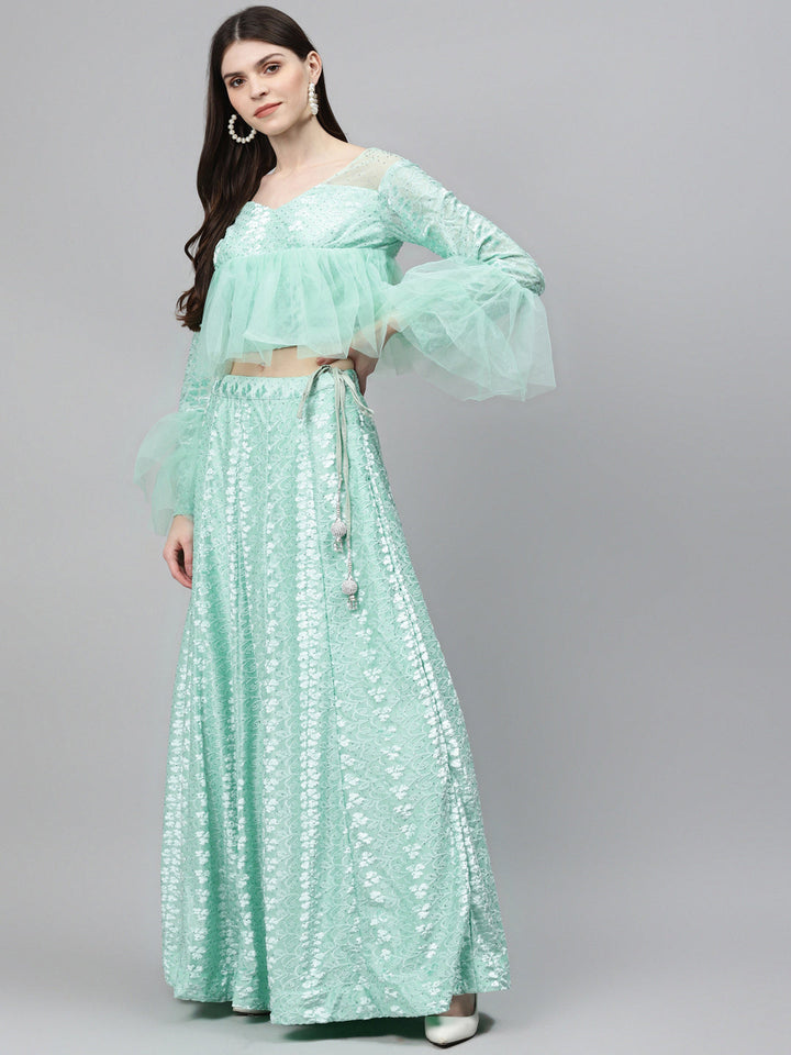 Pastel Brasso Embellished Lehenga Set with Peplum Style Ruffled blouse & Frilled dupatta